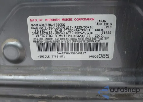 2016 Mitsubishi Outlander Sport 2.4 Es from USA, damaged, VIN JA4AR3AW9GZ046117